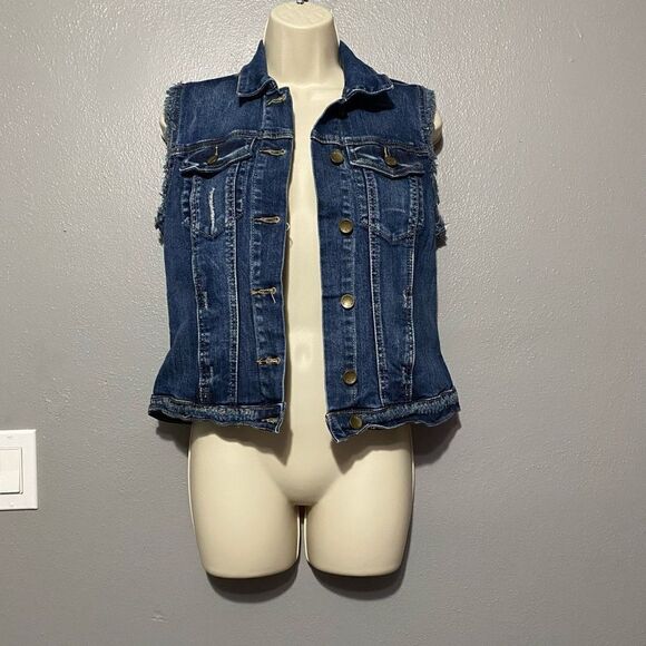 Kut from the Kloth Blue Frayed Hem Denim Vest Size Small - Picture 1 of 9